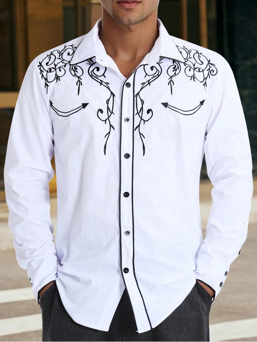 Men's White Button-Down Shirt with Black Embroidered Detail